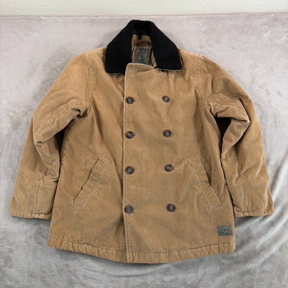Stussy Double Breasted Pea Coat Jacket in Brown Corduroy Men Large Camo Lined